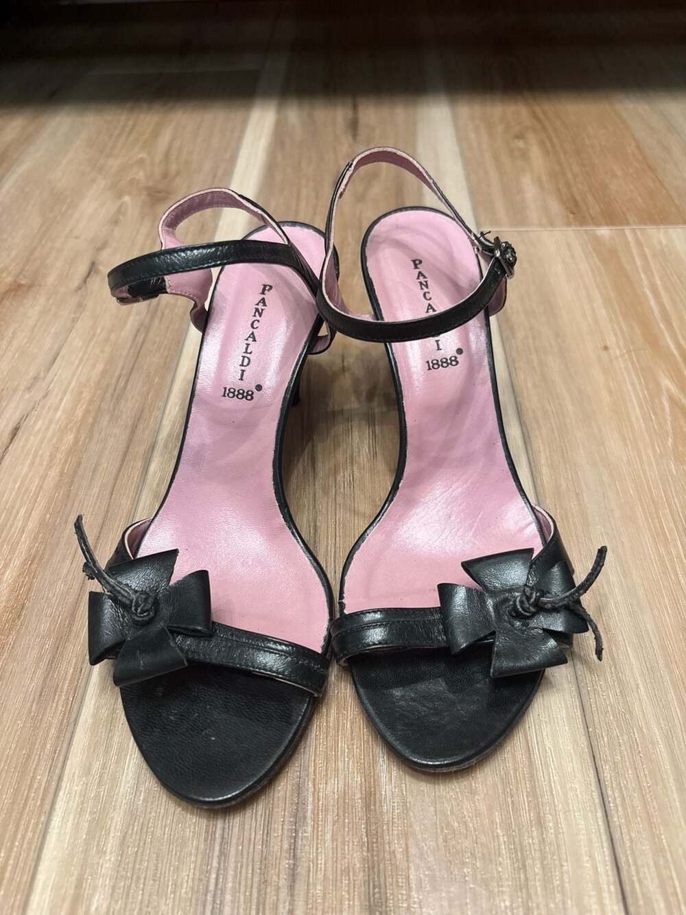 Pancaldi 1888 Black Leather Bow Slingback Kitten Heels